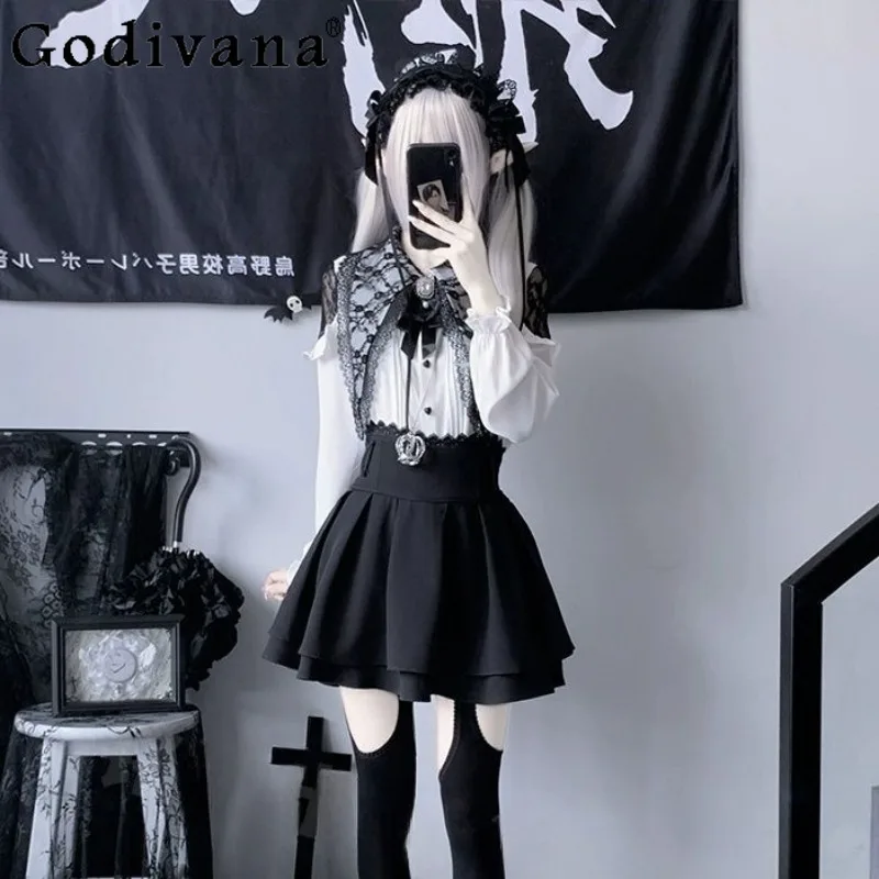 긴팔 셔츠와 블랙 숏 스커트 여성용 레이스업 스윗 투피스 스커트 슈트 여성 일본 스타일 로리타 세트