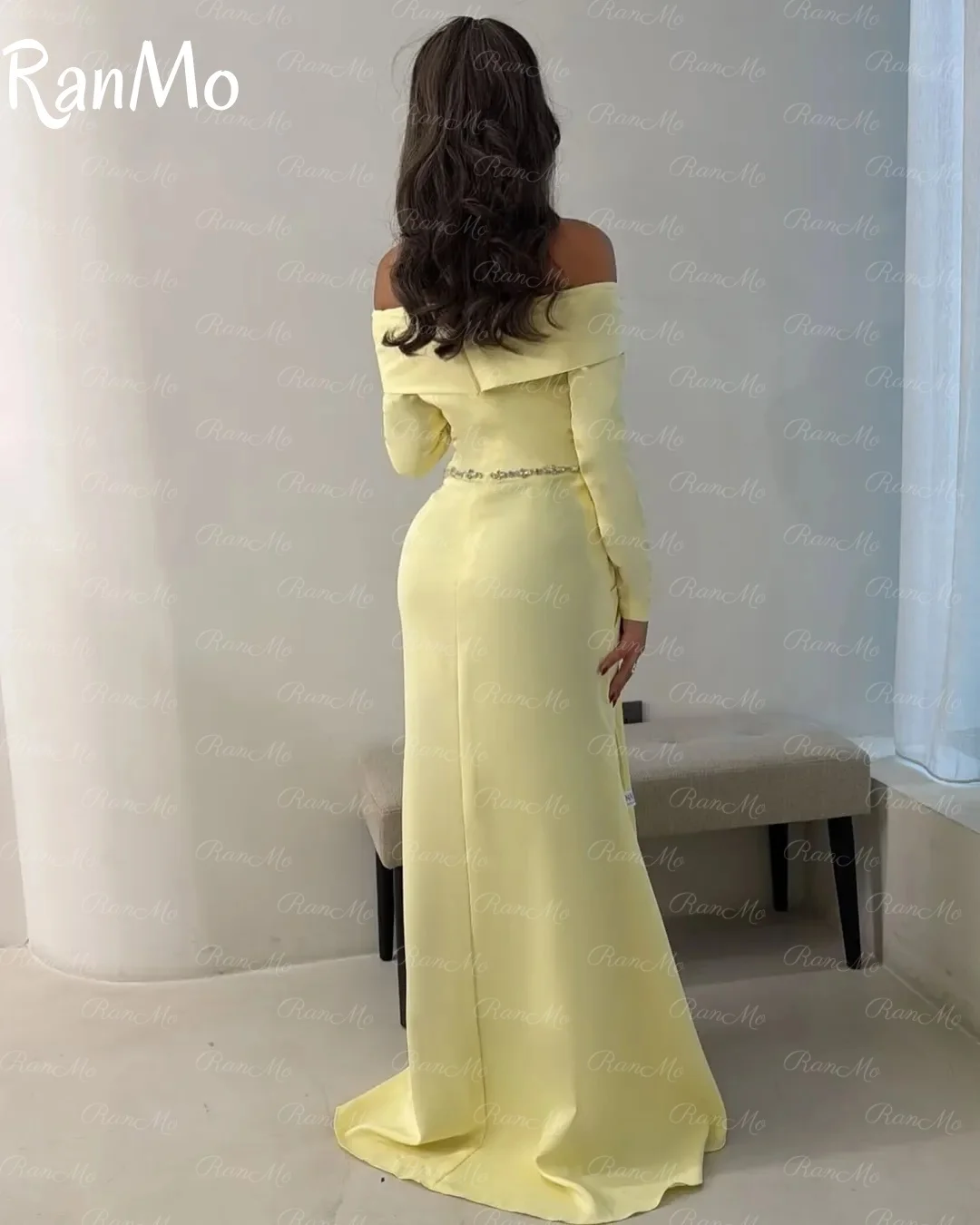 فستان حفلات عربية بأكمام طويلة أصفر مخصص من Ranmo 2025 فستان حورية البحر بدون حمالات كلاسيكي مطرز بدون أكتاف 2025