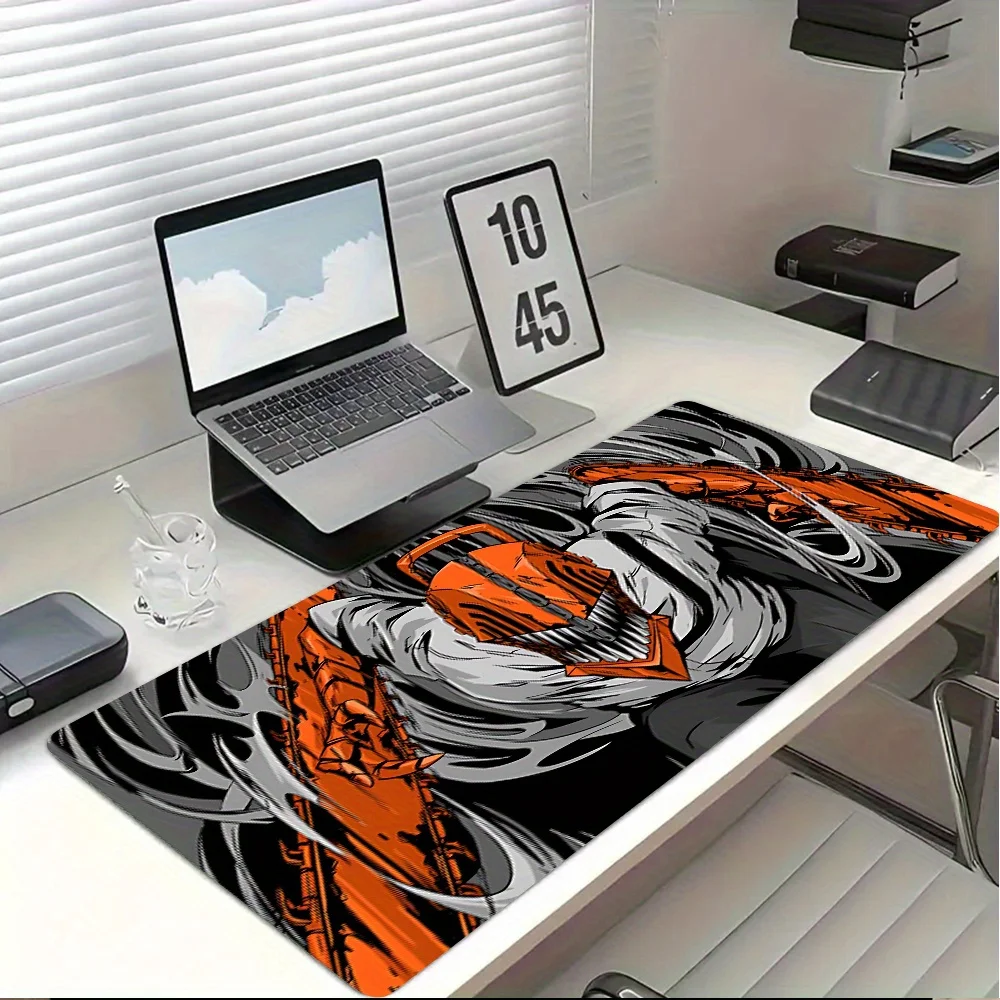 قطعة واحدة من لوحة ماوس الألعاب C-Chainsaws M-Man - قاعدة مطاطية غير قابلة للانزلاق، حصيرة مكتب قابلة للغسل بتصميم برتقالي وأسود نابض بالحياة، أداء #5