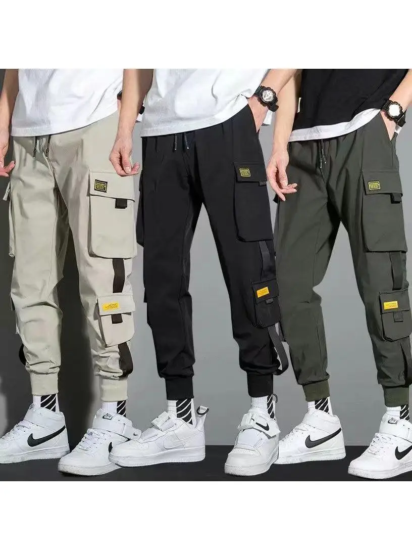 Thin Streetwear Casual Pants Men Ribbons Harem Jogging Pants Male Slim Fit Spring Cargo Pants Multi-Pockets Women Trouser J81