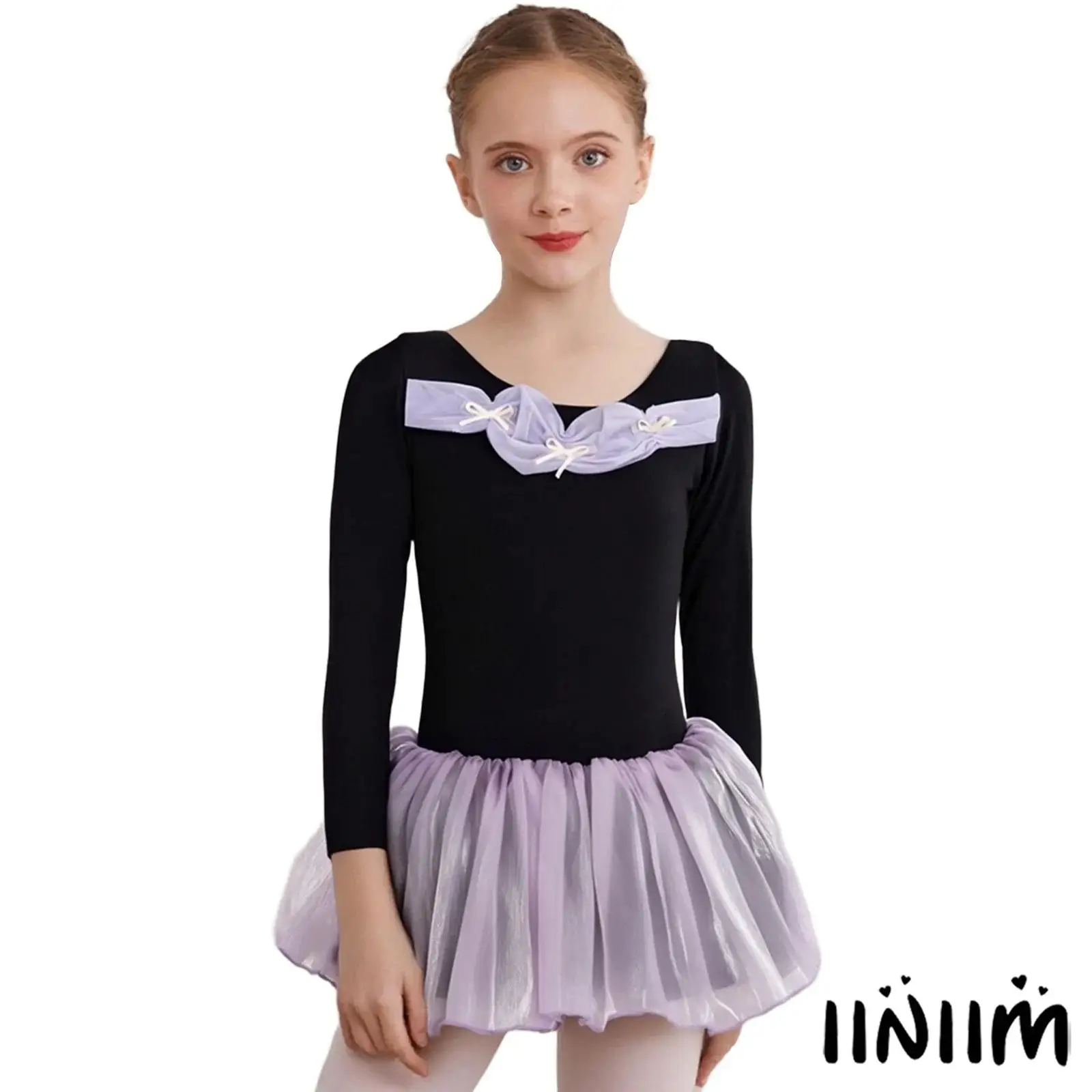 

Kids Girls Cute Bowknots Ruched Ballet Lyrical Dresses Long Sleeve Tulle Tutu Dance Dress for Gymnastics Stage Ballroom Dance
