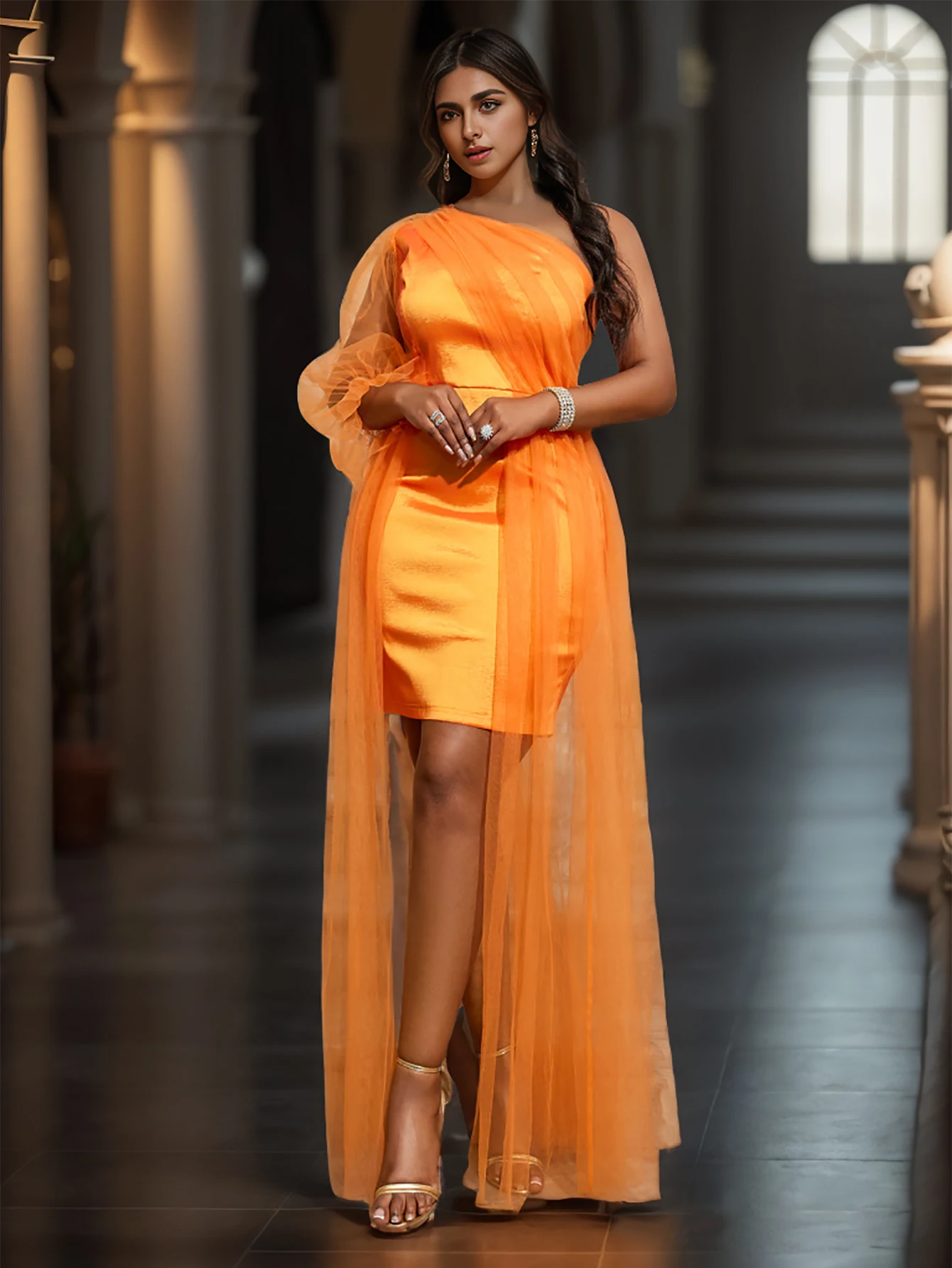 Orange Evening Dresses One Shoulder Irregular See Through Sheer Long Sleeve High Waist Sexy Irregular Party Tulle Women Dress