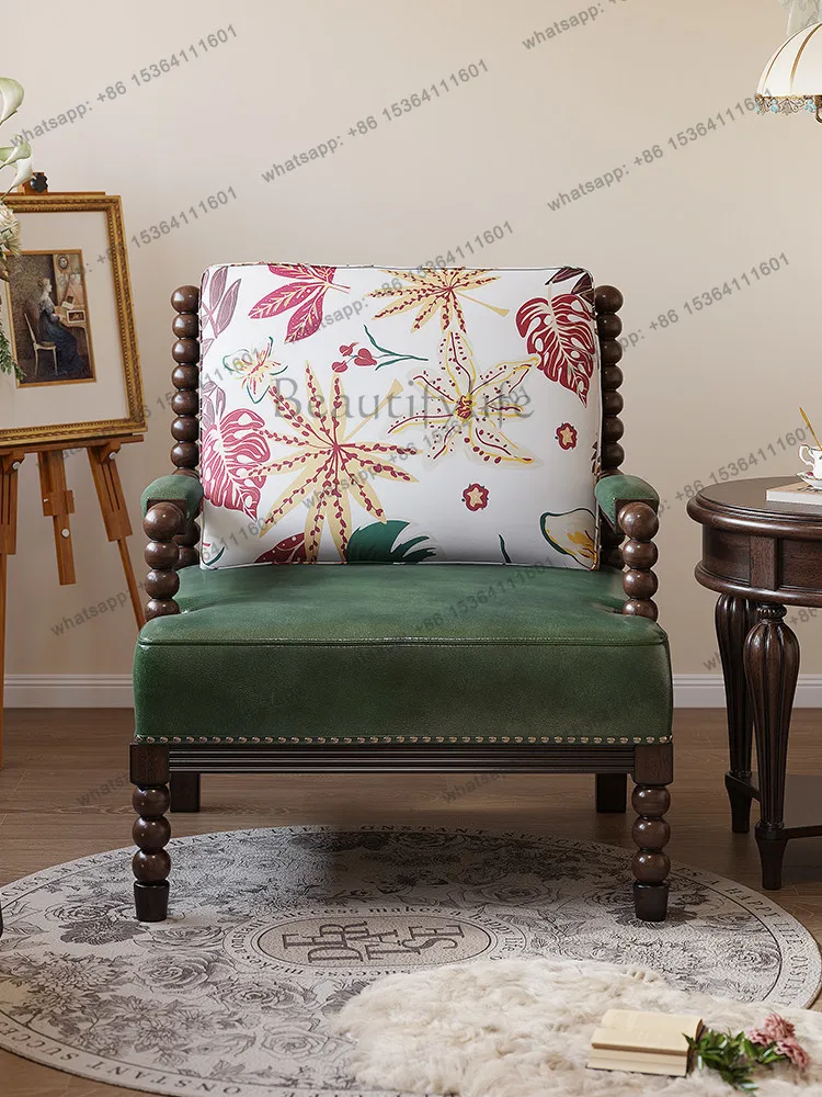 

American retro solid wood pearl chair single sofa French tiger chair ancient style
