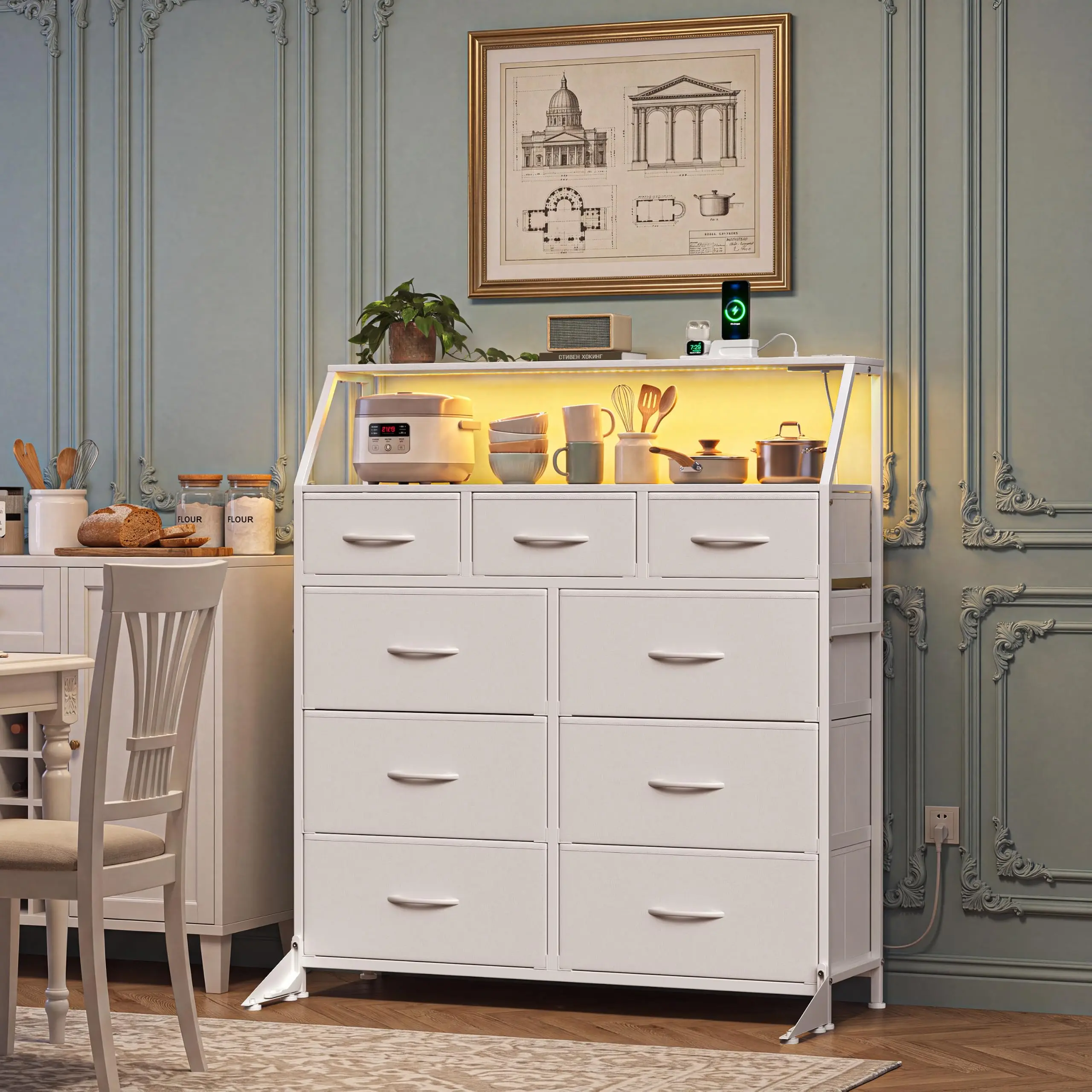 9 Drawer Fabric Dresser With LED Lights & Charging Station, Tall Storage Chest With USB Ports, Wood Top And Steel Frame For Bedroom