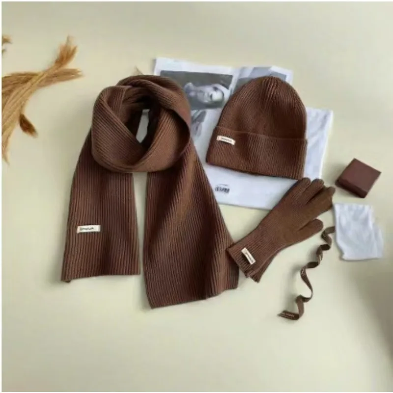 ชุดผ้าพันคอไหมพรมสำหรับฤดูหนาว ผู้หญิง สีพื้น หมวก ผ้าพันคอ ถุงมือ ชุดสามชิ้นสำหรับผู้ใหญ่ กันลม แฟชั่น ชุดผ้าพันคอและหมวกสำหรับผู้หญิง