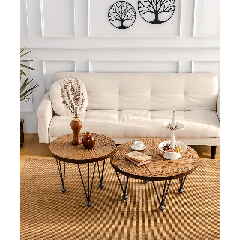 Japanese Style Antique retro Style Living Room Furniture Vintage Round Carve Solid Wood Top coffee table With Metal Leg