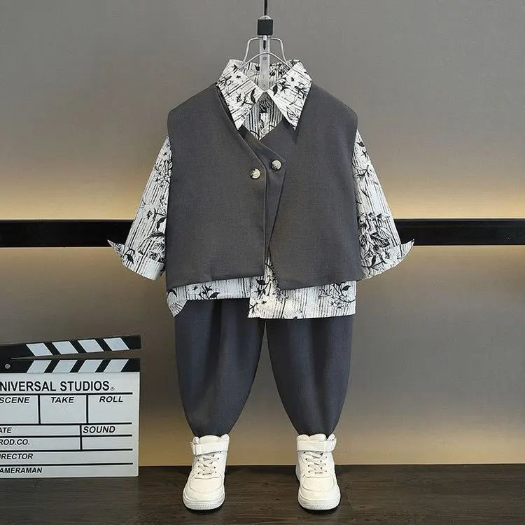 Boys Spring Autumn Clothing Set New Fashion Children Korean Style Vest Long Sleeve Shirt Pants 3-Piece Outfit Handsome