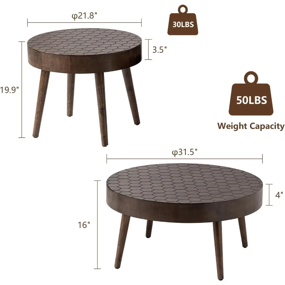 Round Coffee Table Set of 2, Nesting Tables with Honeycomb Pattern, Modern End Table for Living Room