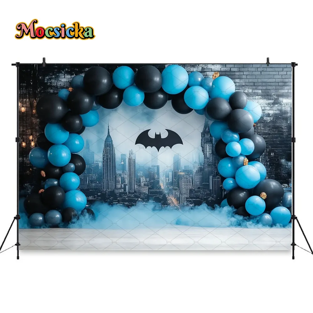 Mocsicka بنين 1st حفلة عيد ميلاد التصوير خلفية أزرق أسود قوس بالون مدينة الخفافيش خلفية الاطفال كعكة سحق استوديو الصور