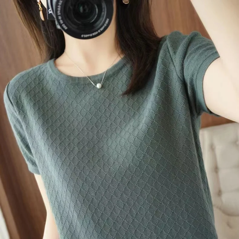 

Loose Fit Ice Silk Short Sleeve T-Shirt Women's plus Size Knitted Top Brand Tagless Casual Commute Style Spring Summer