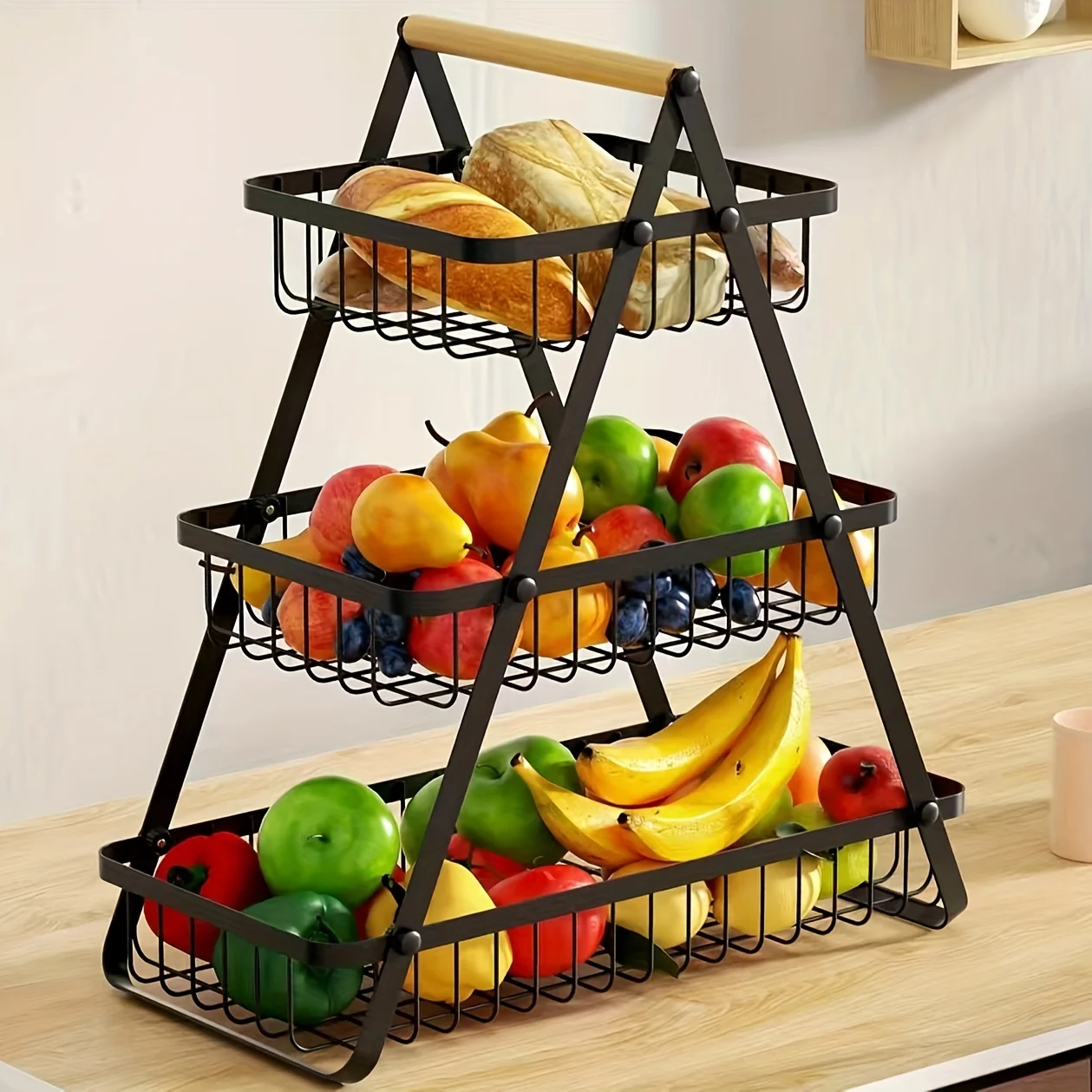 

Countertop Fruit Basket Removable Bowl Wooden Handle Kitchen Storage