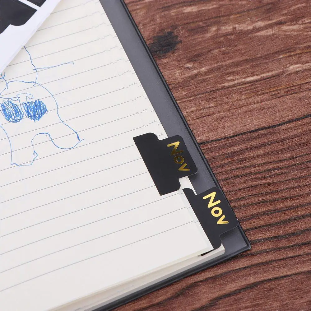 12 pcs Black Adhesive Monthly Stickers Studying Index Tabs Stickers Decorative Monthly Label Index Memo Pads Waterproof