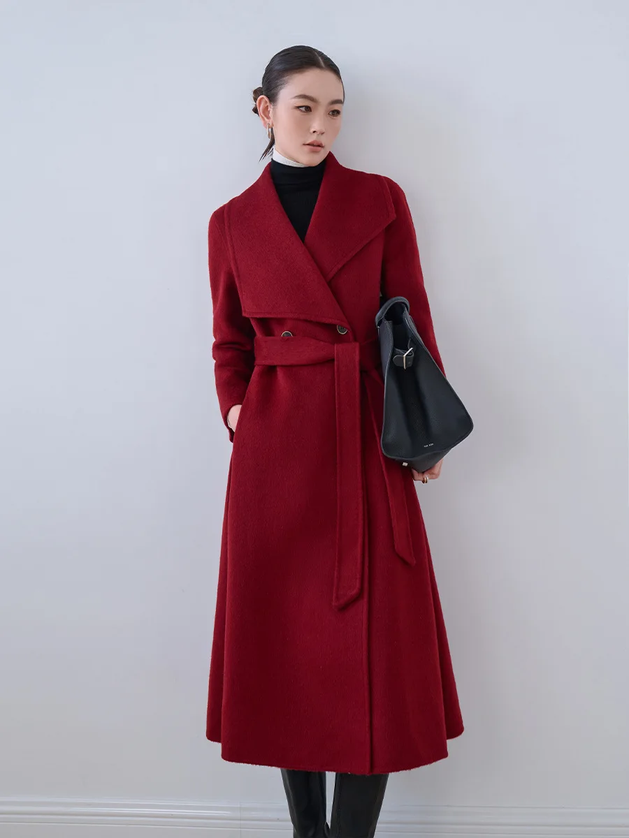 Winter Long Coat Women's Red Wool Collar Casual Camel Velvet Mulberry Silk Coat Female New Autumn Fashion Design Irregular Coat