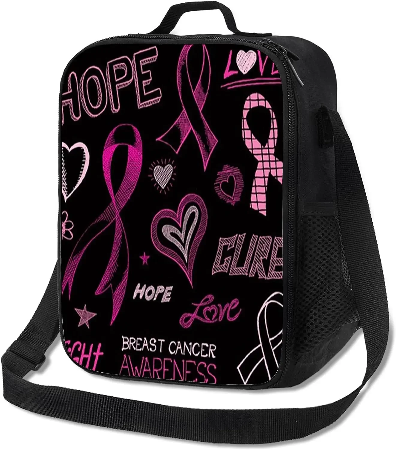 Breast Cancer Awareness Sketch Insulated Lunch Bag for Women Men Pink Reusable Leakproof Lunch Box for Office Lunch Tote Bag