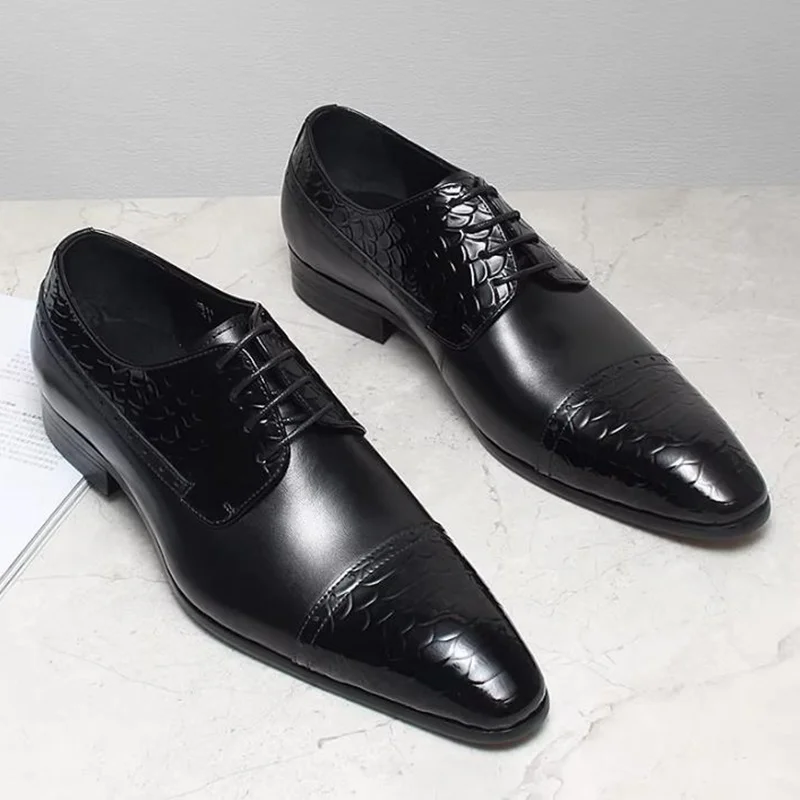 

Stylish European-style Crocodile-pattern Lace-up Leather Shoes For Men Pointed-toe Leather Dress Shoes Formal Party Wedding Shoe