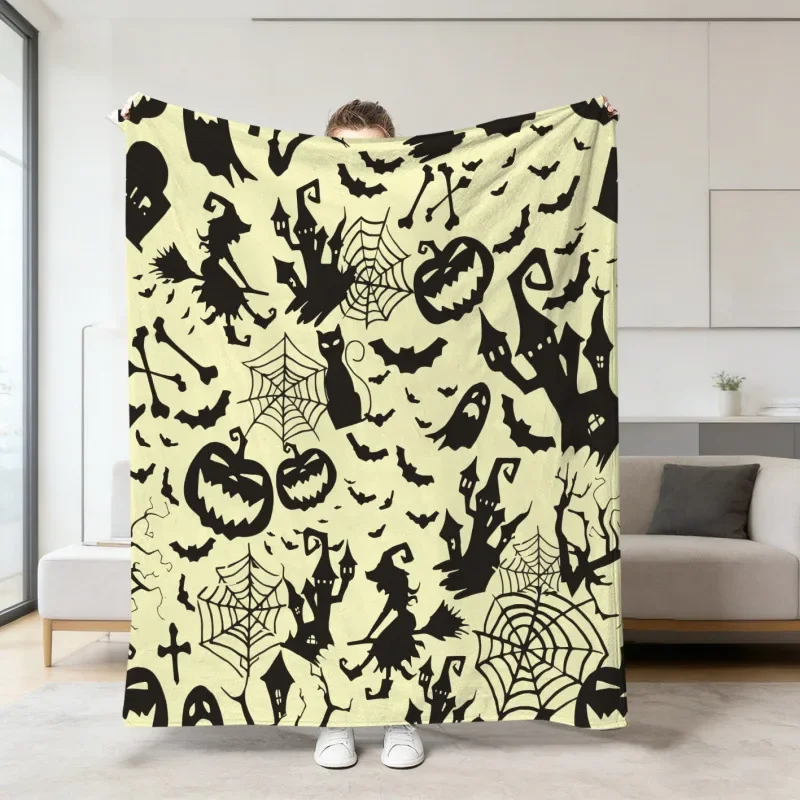 Halloween-Themed Blanket Cover Cartoon Ghost Hat Skull Print Flannel Nap Blanket Sofa Covers Multifunctional Decorative Blankets