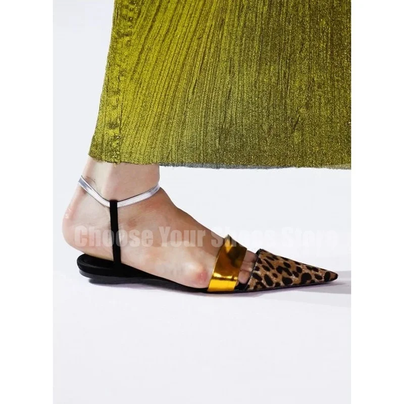 

Leopard print Pointed Toe Hollow Cut Heel Sandals Ankle Buckle Strap Women Shoes Low Top Fashion Runway 2025 Zapatos Para Mujere