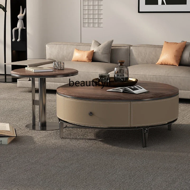 

zzModern Minimalist Walnut Original Solid Wood round Home Living Room Saddle Leather Tea Table Combination