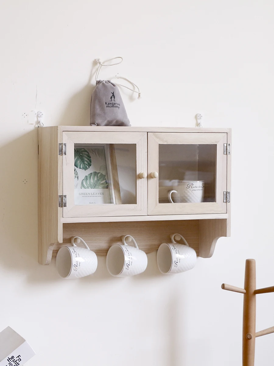 

No-Drill Wood Wall Mounted elf Bedroom Study Multi-Function with Hooks Storage Cabinet for Household Miscellaneous Items