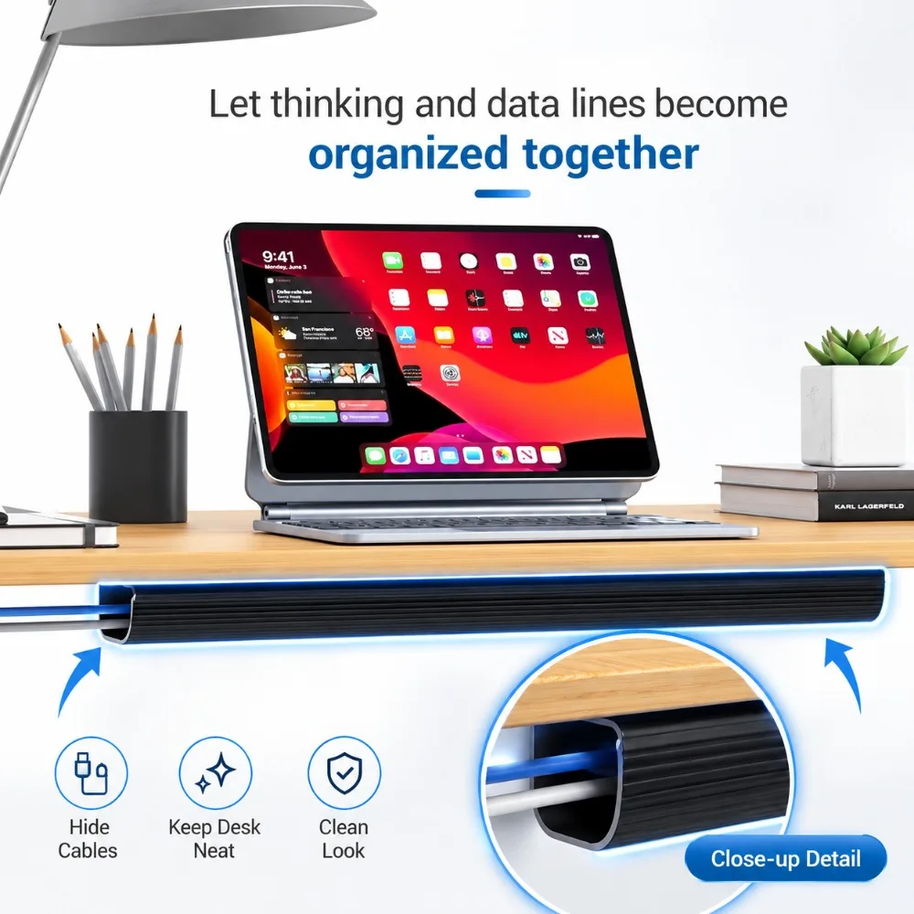1/2PCS 40cm/15.7in Under Desk Cable Management Tray, PVC Cable Organizer Raceway, Cuttable Cord Holder Wire Hider