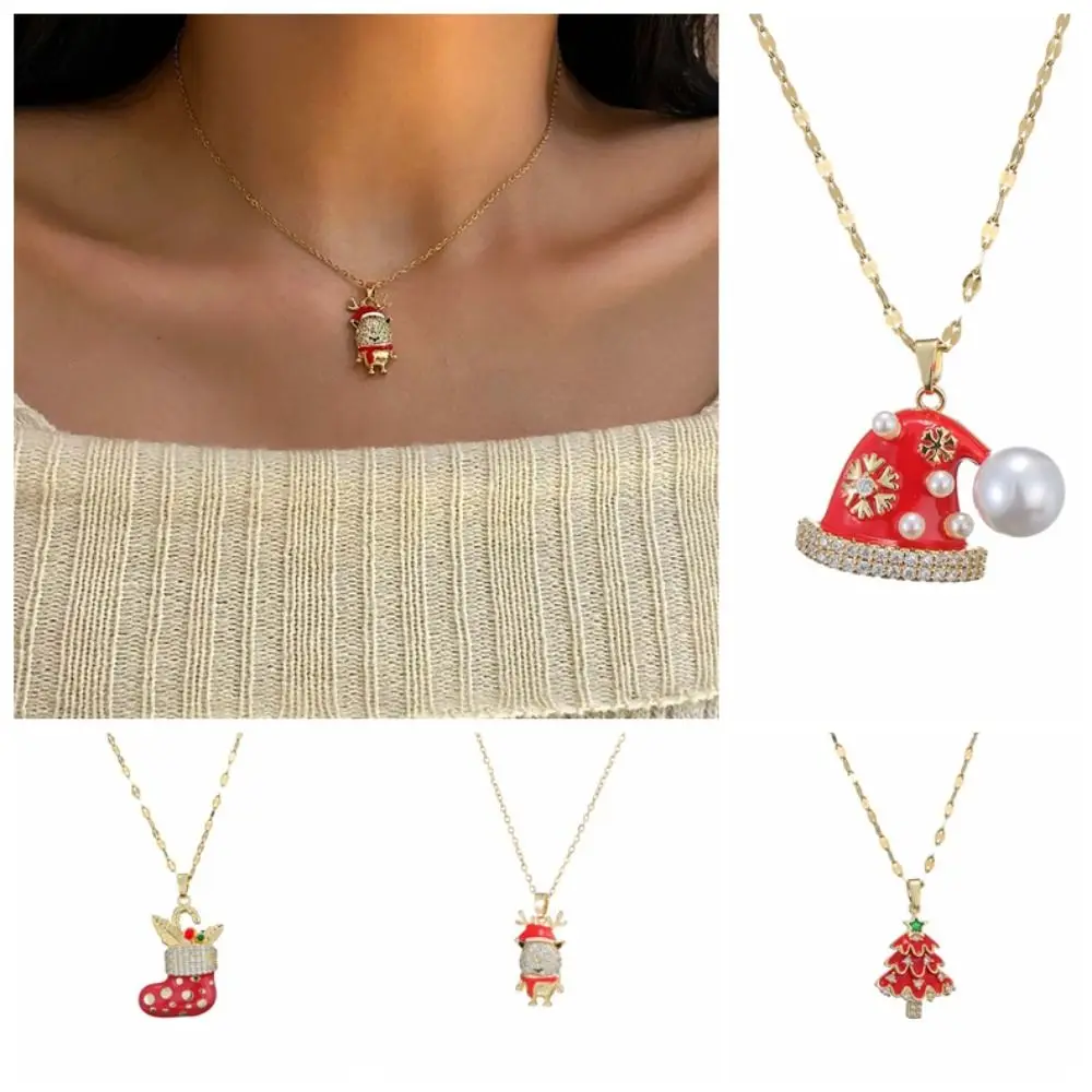 سانتا كلوز عيد الميلاد حجر الراين قلادة الغزلان الجوارب الكرتون قلادة سوار شجرة التيتانيوم الصلب عيد الميلاد سلسلة الترقوة فتاة