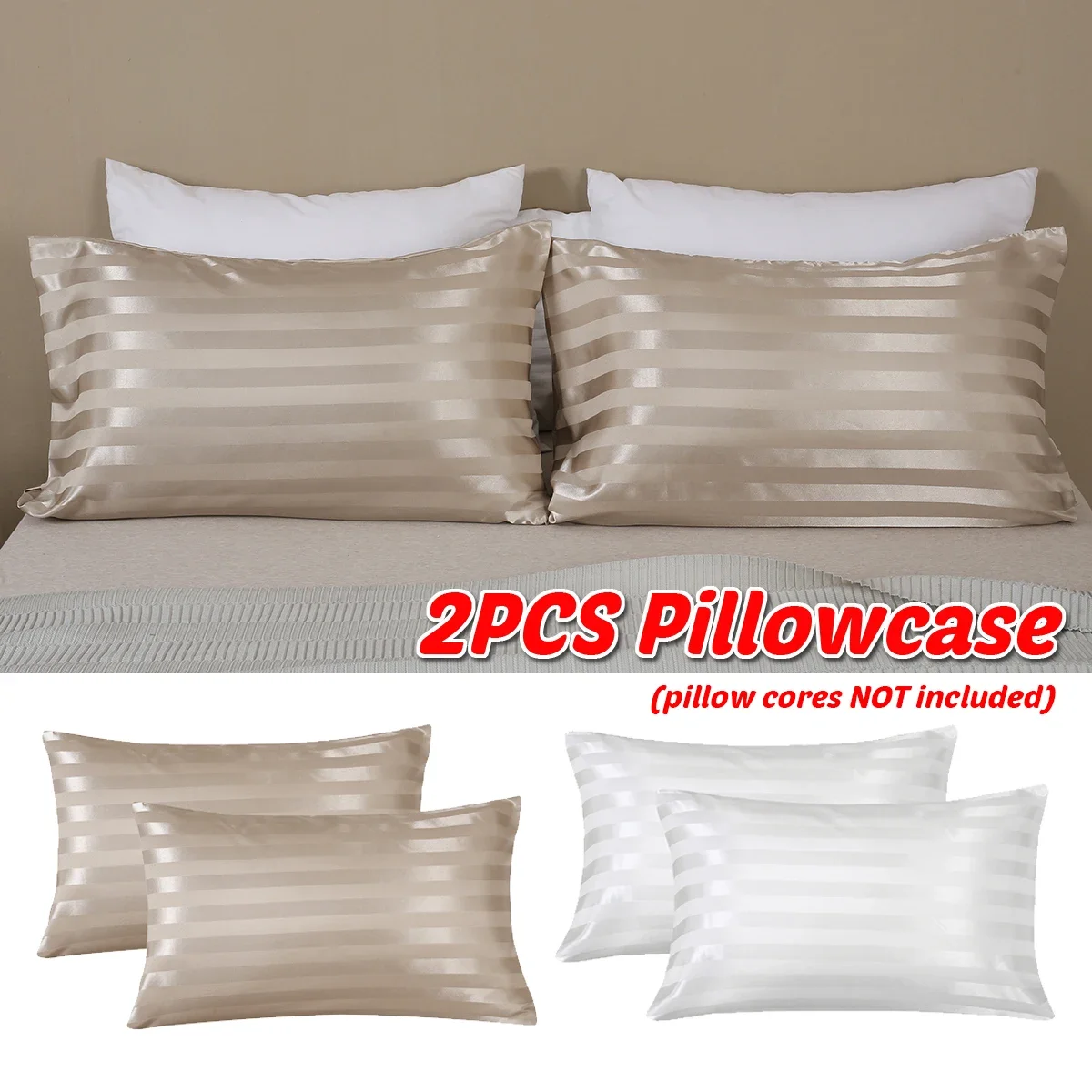 

2pcs Covers Emulation Silks Pillowcase Stripe Satin Beauty Comfortable Pillow Case Envelope Closure