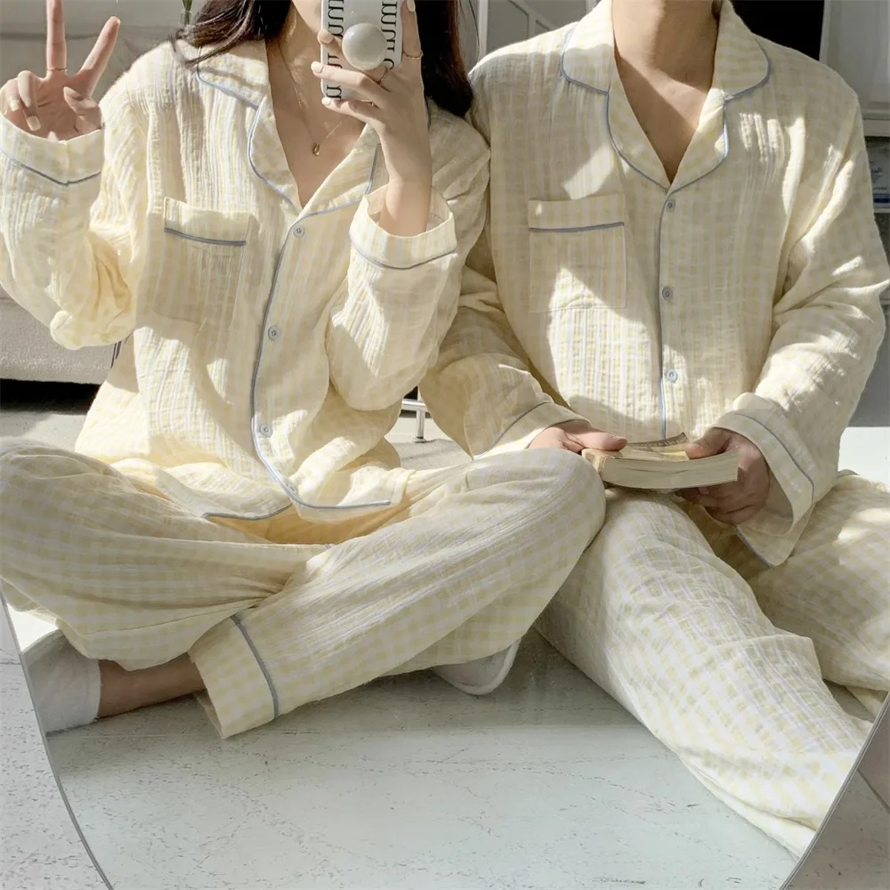 격자 무늬 커플 잠옷 봄 가을 한국 스타일 Ins 간단한 색상 차단 남성 여성 긴 소매 바지 Homewear 2 피스 세트