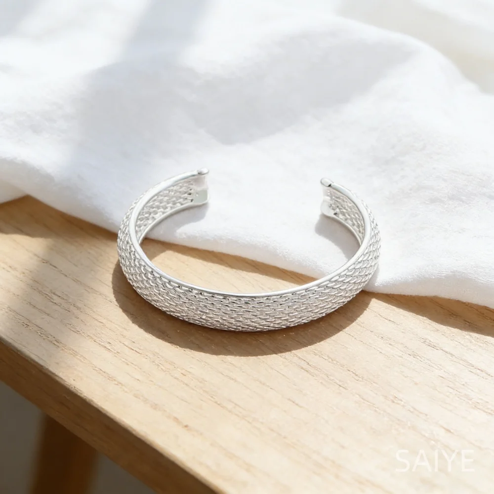 

Браслет из стерлингового серебра 925 пробы, винтажный, с сетчатой текстурой, открывающийся, стильный, простой, женский, подарок на день рождения