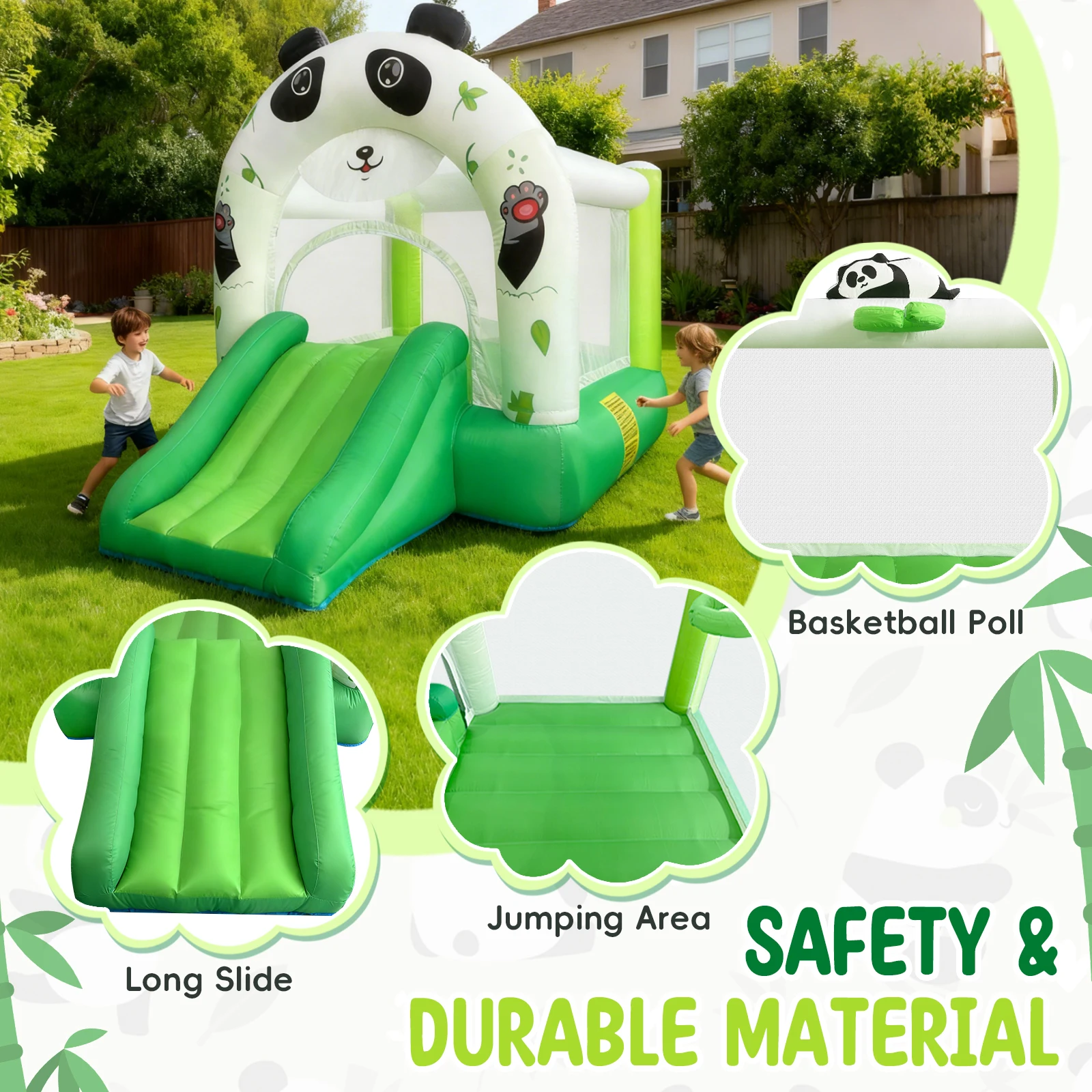 YARD Panda Bounce House Aufblasbare Mini-Türsteherrutsche Hüpfburg im Freien und drinnen mit Gebläse