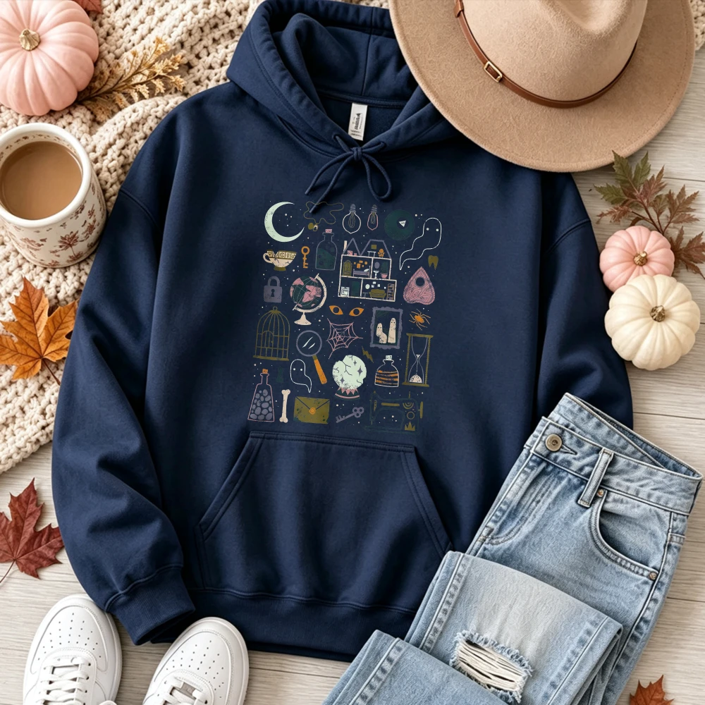 Witchy Doodle Magic Items Graphic Hoodie Unisex Pullover Hooded Sweatshirt Mystical Moon Crystal Ball Potion Bottle Streetwear