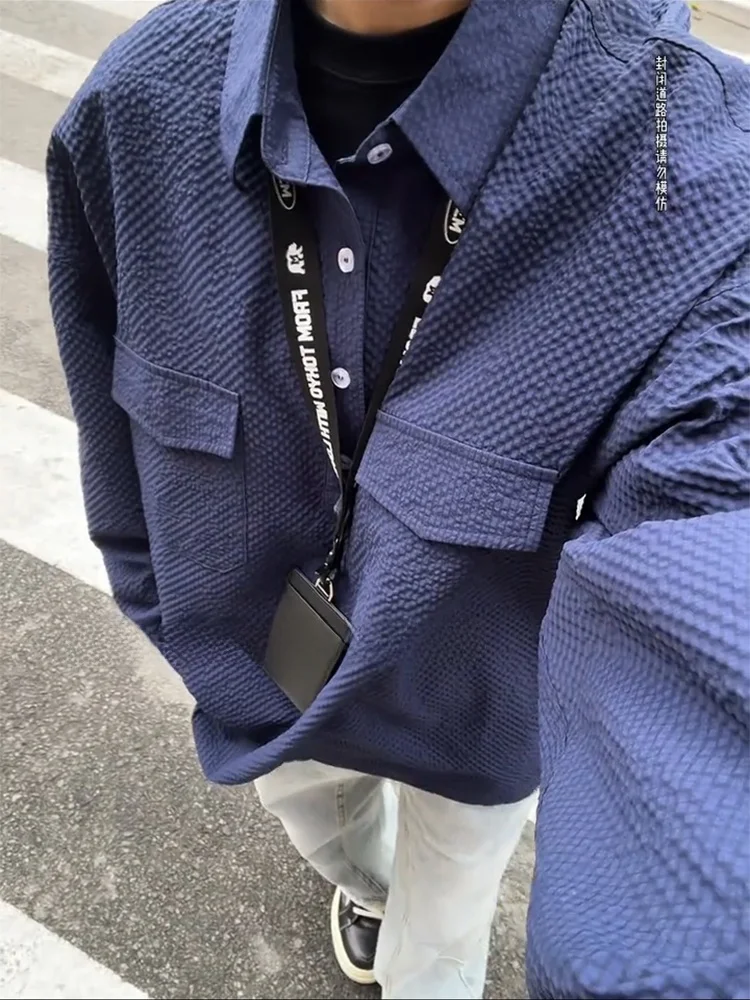 

Loose Fit Long Sve Bubble irt Men's American Retro Workwear Cleanfit irt Jaet k Blue Youth Summer Faion