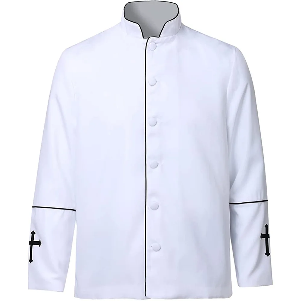 Homens Stand Collar Igreja Sacerdote Black Robe Trench Jacket Bata Clero Ministro Coro Pastor Romano Traje Do Dia Das Bruxas