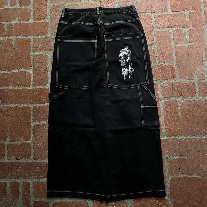 

Y2K Vintage Washed Jeans Gothic Skull Graphic Embroidered High Waisted Distressed Jeans Punk Men Women Casual Fashion Streetwear