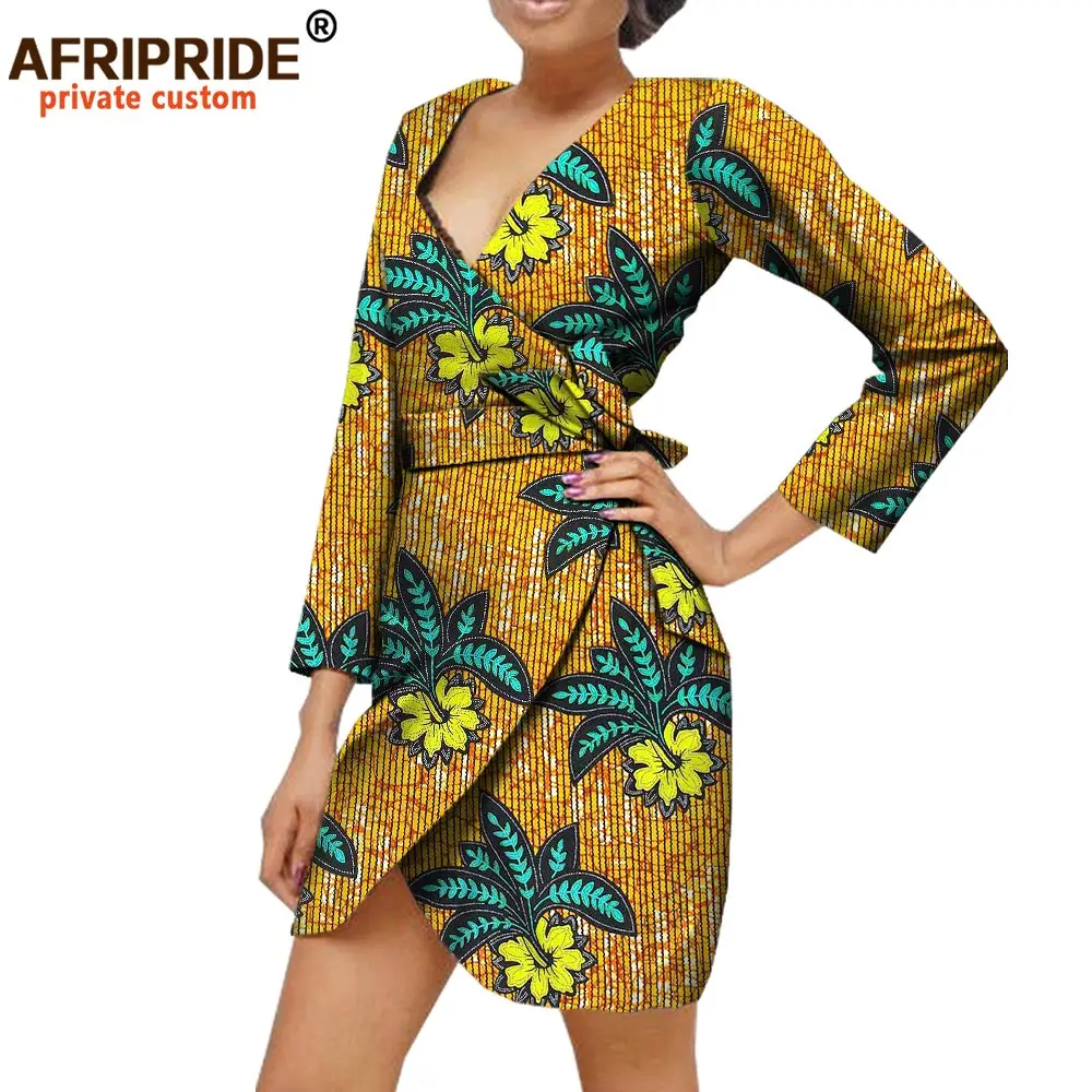 

2022 African Dresses for Women Print Cotton Three Quarter Sleeve Hidden Breasted Women Mini Dress with Sashes A1825030