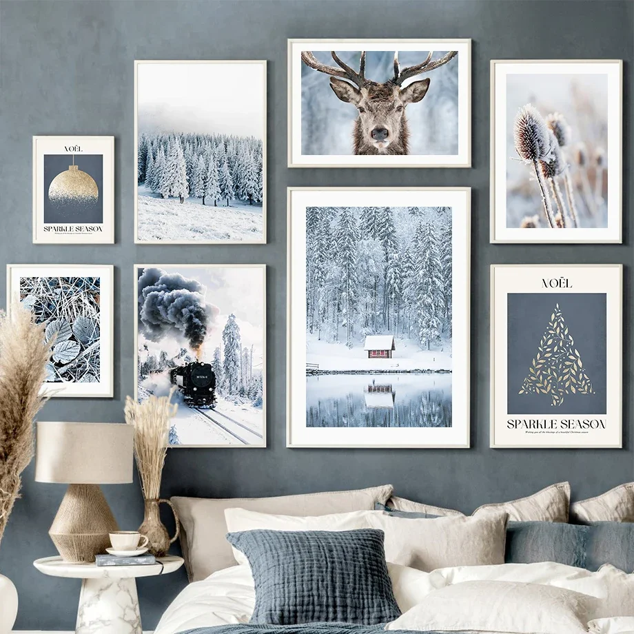 Multi-size 1PC frameless high-definition decorative paintings,Winter Snow Forest Train Deer Squirrel Pine Cone Wall Art Canvas P