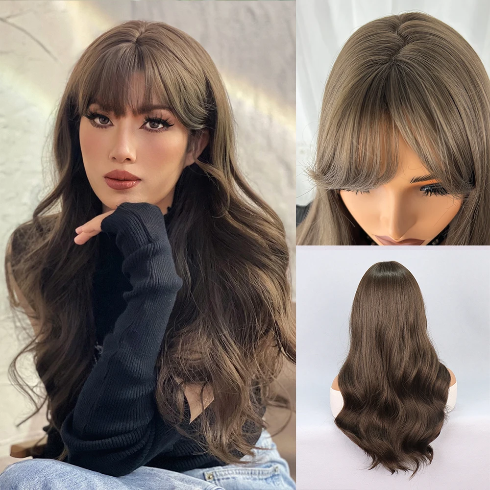 Long Natural Wave wig With bangs 150 Density Synthetic Wig Fashion  Daily Honey Versatile Style Brown Women Stylish