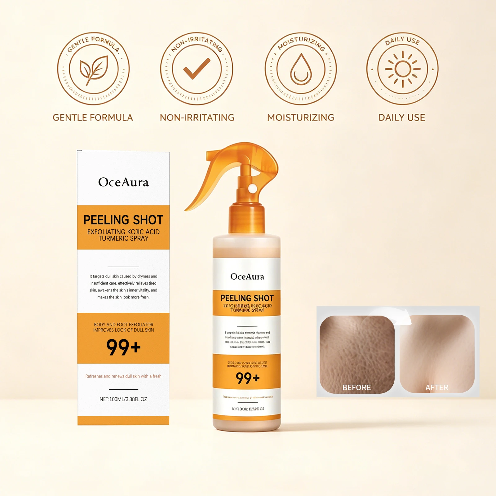 Spray exfoliant pour le corps à l'acide kojique et au curcuma, éclaircissant, lissant, hydratant, soin de la kératine pour tous types de peaux