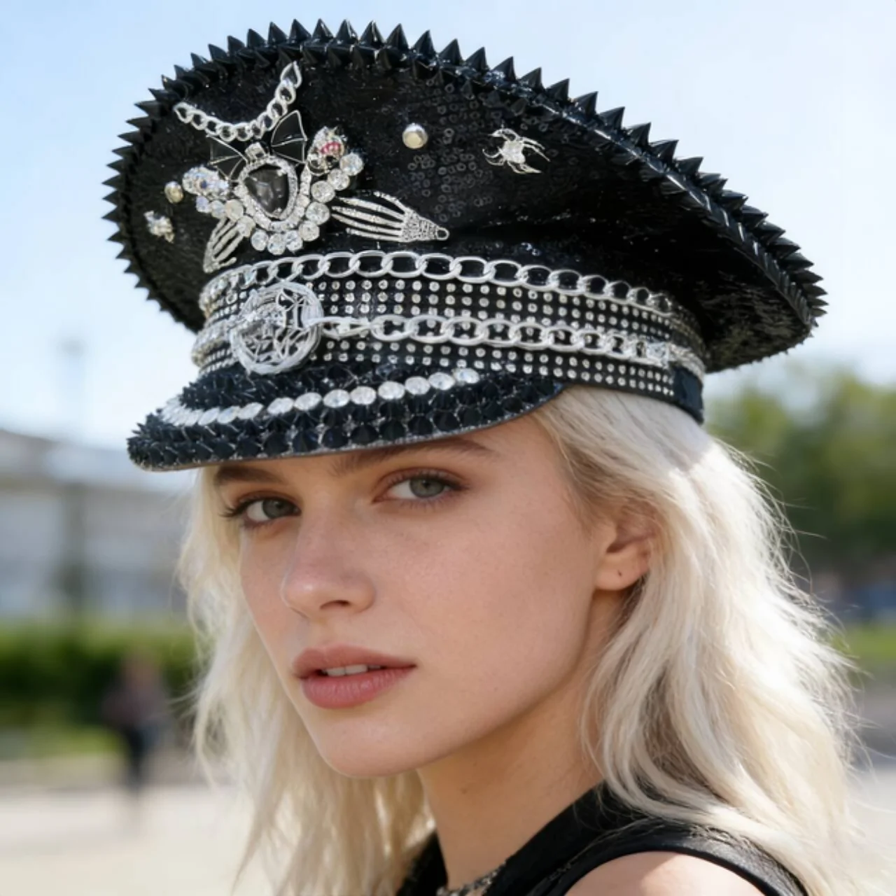 

Роскошная черная капитанская фуражка HongLuan со стразами для Burningman Festival, винтажные военные аксессуары и военная кепка для мужчин и женщин