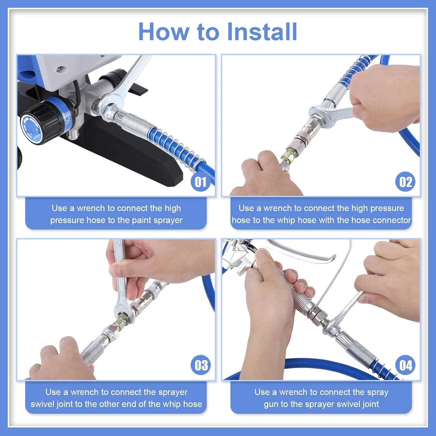 خرطوم مسدس الرش اللا هوائي 1/4 بوصة - ضغط العمل: 3300 رطل/بوصة مربعة - ضغط الانفجار: 8500 رطل/بوصة مربعة - موصل 1/4 بوصة ومفصل دوار - متوافق مع جميع مسدسات الرش اللا هوائية الرئيسية