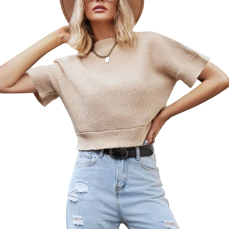 A0NF Women's Elegant Round Neck Knit Pullover Tops Short Sleeve Crop Top T-Shirts Sweater for Casual Occasions