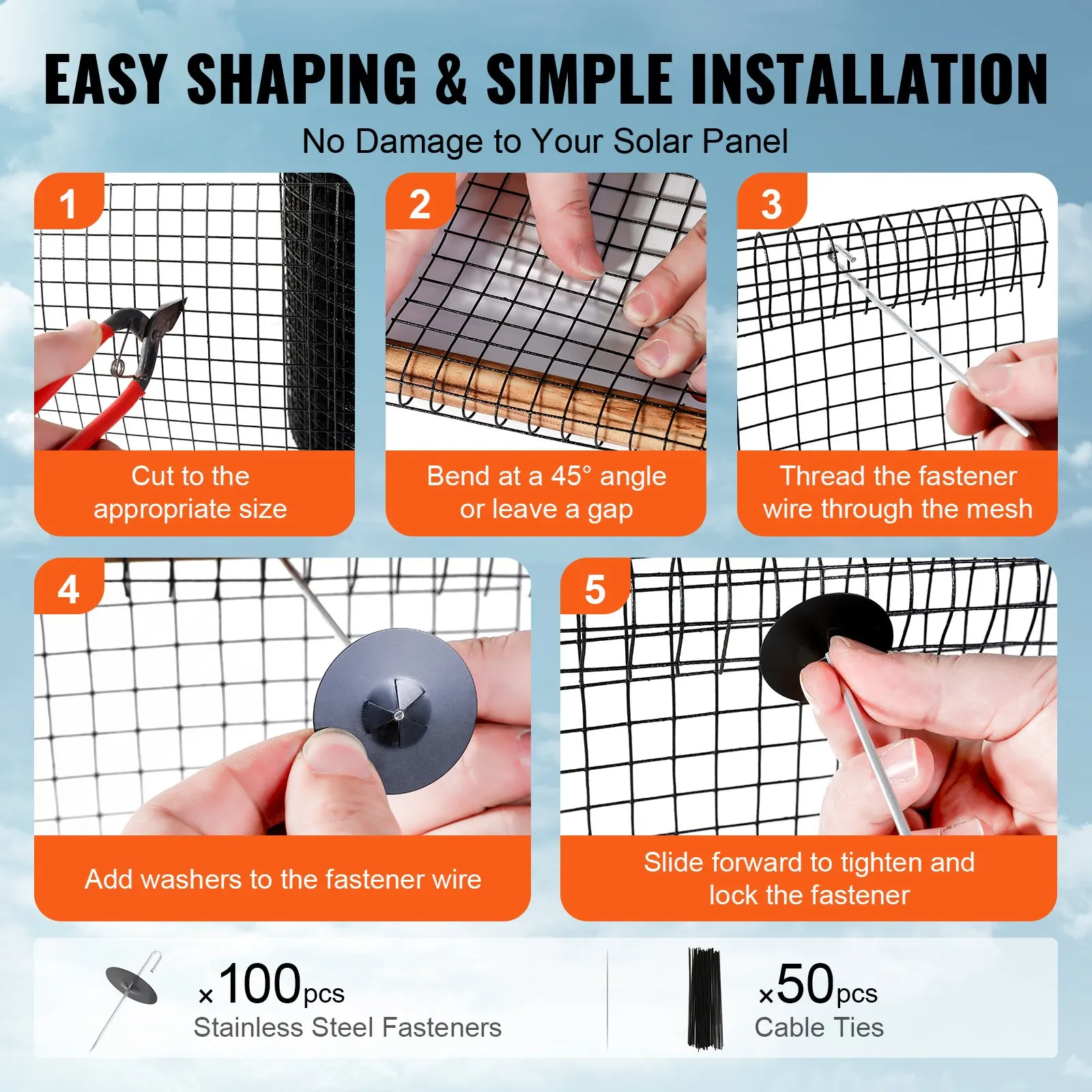VEVOR Solar Panel Bird Guard Critter Guard Roll Kit  Stainless Steel Fasteners Solar Panel Rustproof PVC Coating Wire Roll Mesh