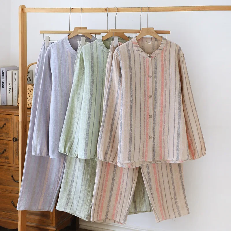 

Хлопковый двухслойный дышащий женский комплект одежды для сна с круглым вырезом и длинными рукавами, окрашенный в пряже, повседневная женская одежда для дома