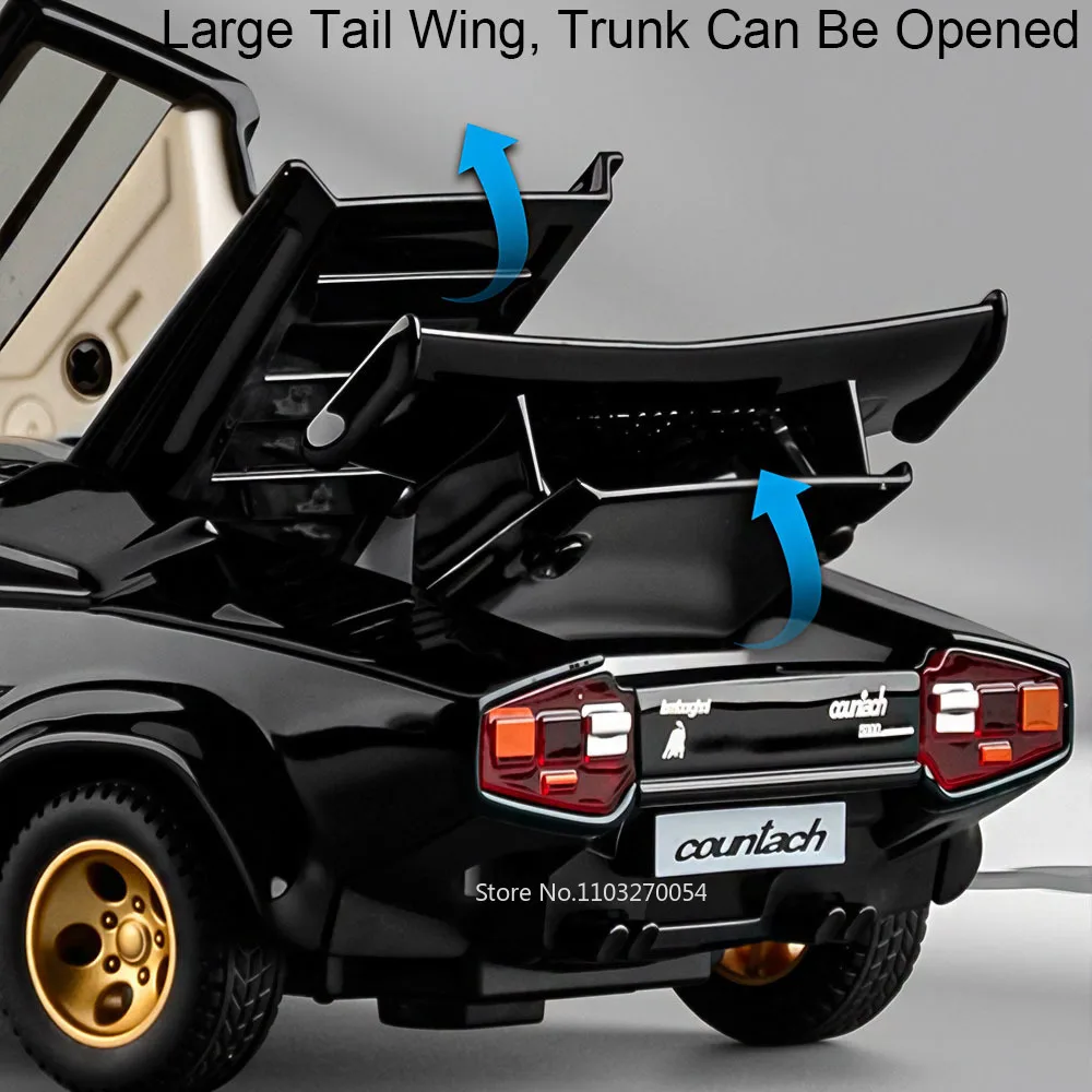 1:32 Lambor Countach LP500S V12 Miniatur-Spielzeug, Druckguss-Legierung, Modellauto, Türen, geöffnet, Sound, Licht, zurückziehbares Fahrzeug, beliebtes Ornament