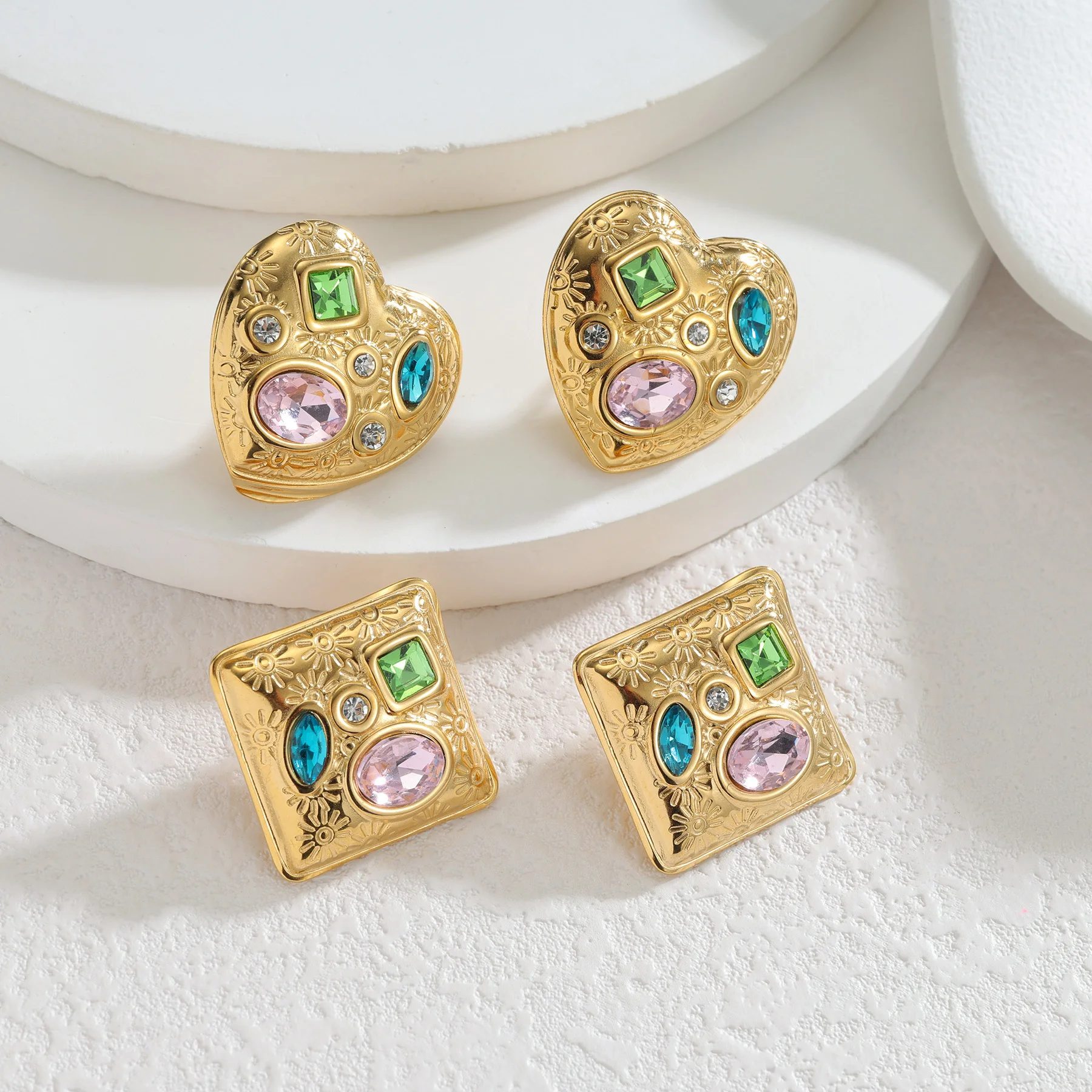 Spark Trendy Heart Square Colorful Zircon Stainless Steel Gold Color Earrings for Women Retro Brithday Party Jewelry Gift