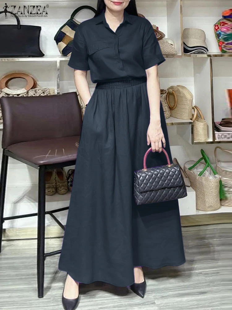 

ZANZEA Fashion 2PCS Summer Outfits Women OL Work Dress Sets Solid Matching Sets Elegant Short Sleeve Shirt Maxi Long Skirt Suit