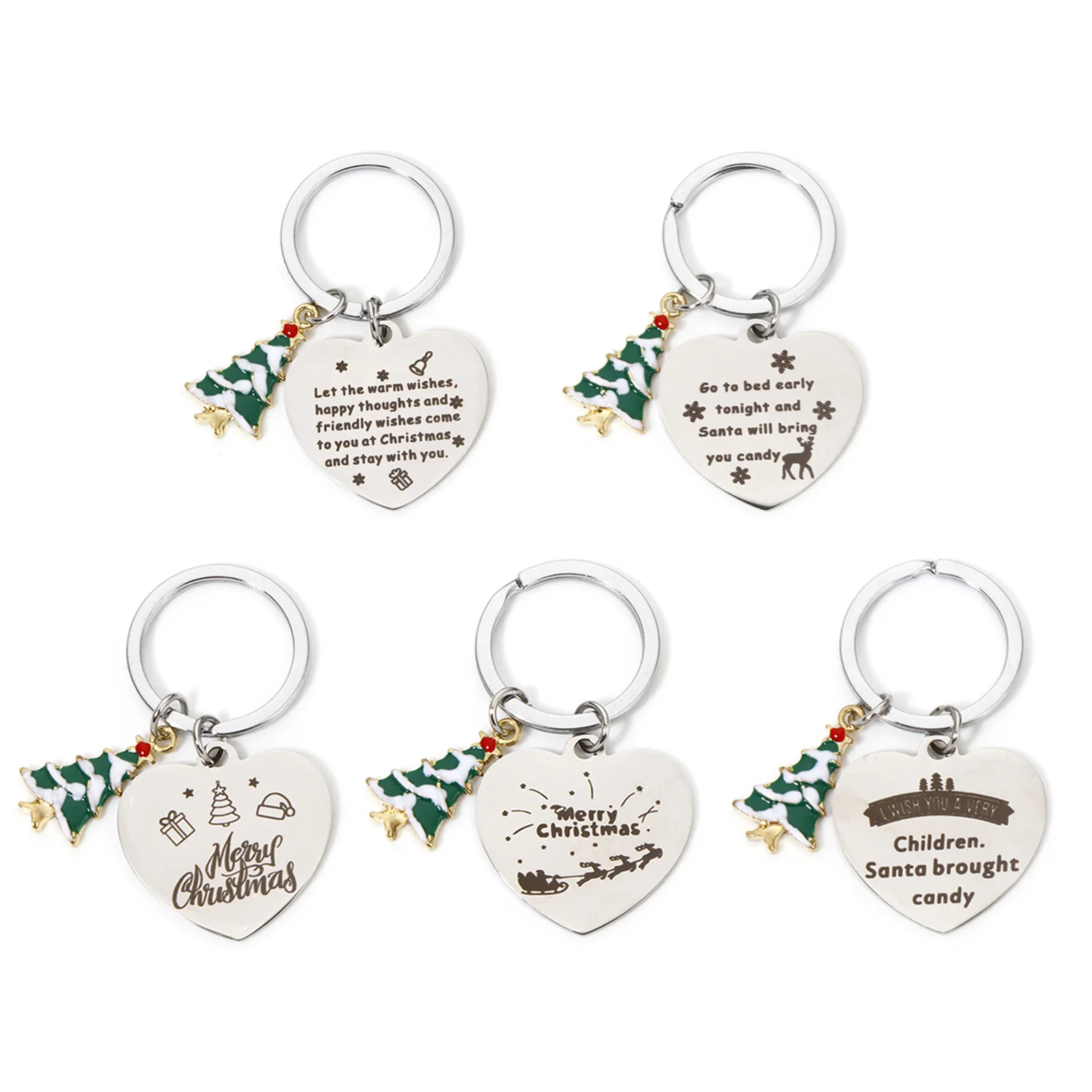 1pc 304 Stainless Steel Christmas Keychain & Keyring Silver Color Heart Christmas Tree Bag Hanging Decoration  6.1cm X 3.3cm