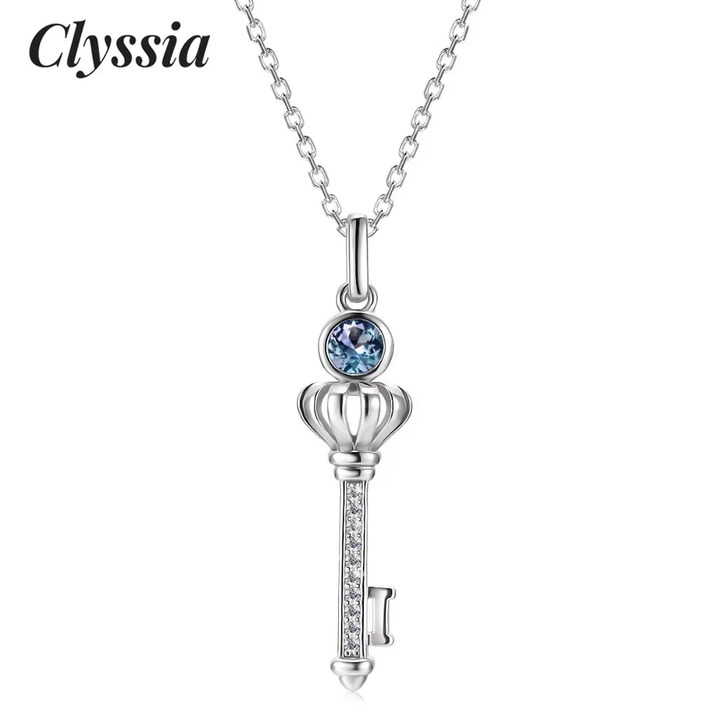 

CLYSSIA Sterling Silver 925 Color Change Stone Alexandrite Jewelry Crown Key Pendant Necklace for Women Wedding Jewellery