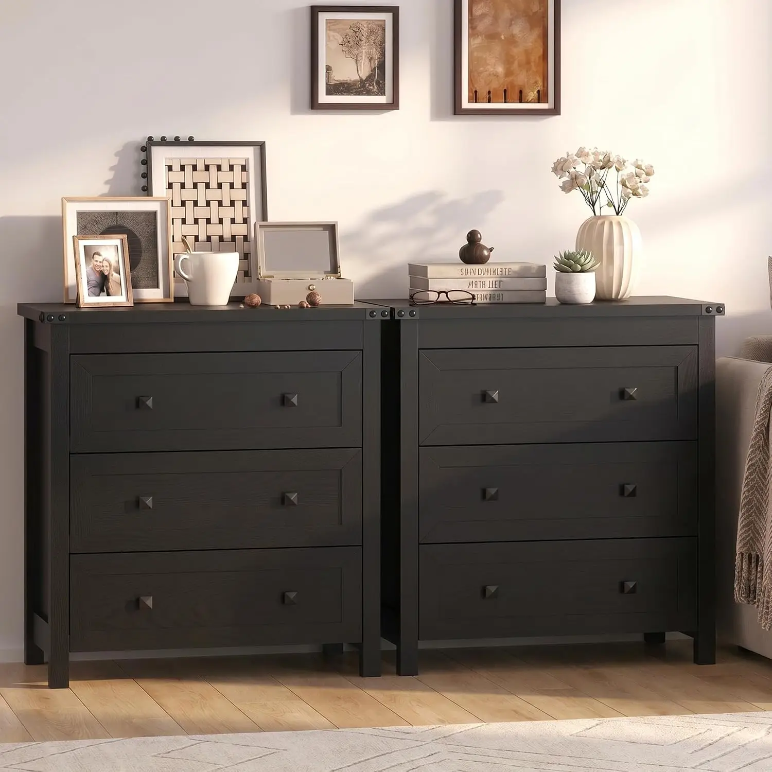 3-Drawer Nightstand Set of 2 Modern Bedside Dresser Metal Handle Wooden End Table Storage Cabinet Anti-Tip Bedroom, Customized
