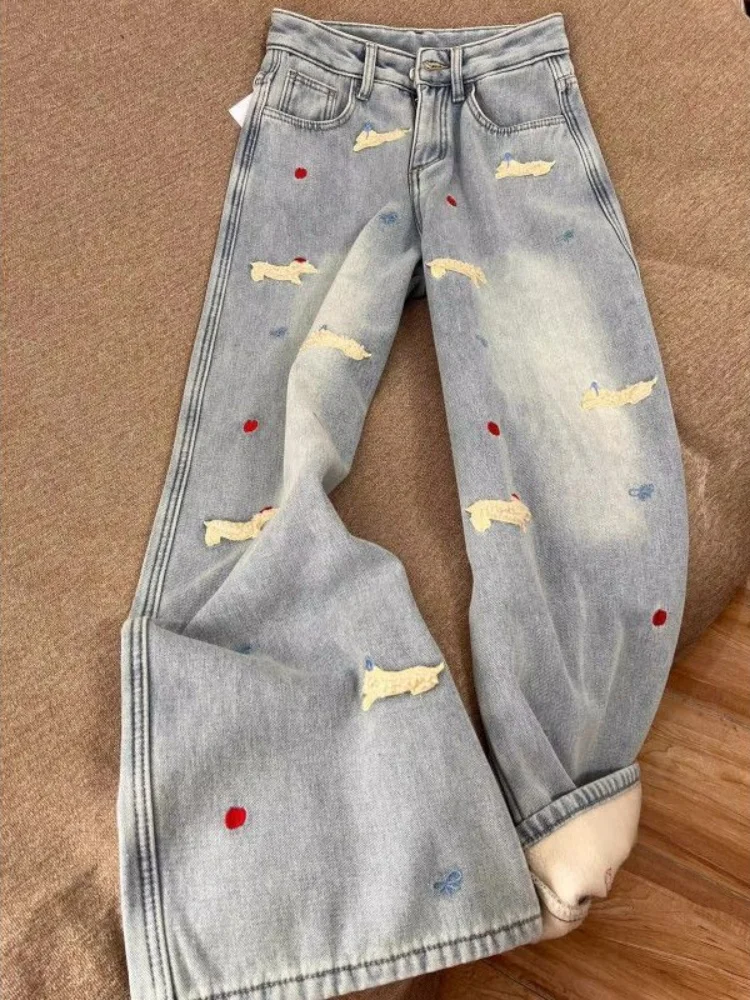 

Женские джинсы больших размеров с флисовой подкладкой, осенне-зимние, свободные, с высокой талией, прямые, широкие штанины, повседневные, удобные