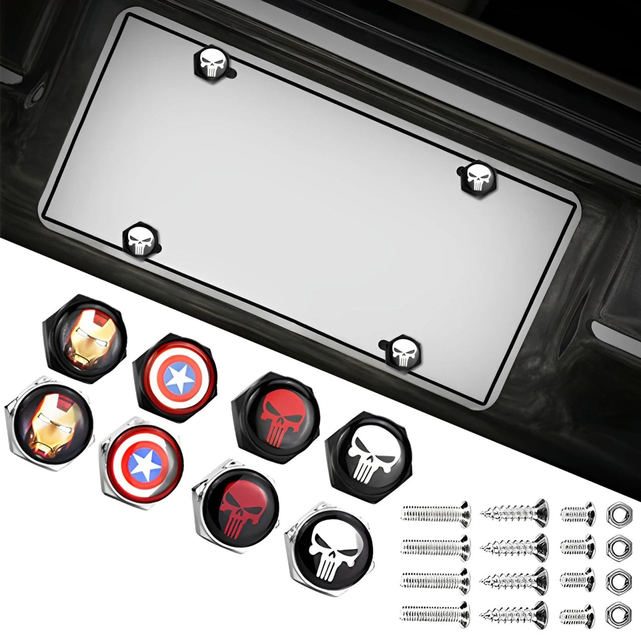 

4pcs/set Punisher Iron Man Captain America Car License Plate Screws Bolts Auto Stainless Steel Decorative Nuts Accessories